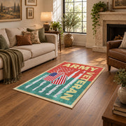 red and green vintage army veteran service area rug, styled product view 10