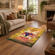 distressed yellow retro motorcycle adventure vintage area rug, styled product view 9