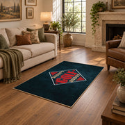 dark blue retro football fan vintage sports area rug, styled product view 1