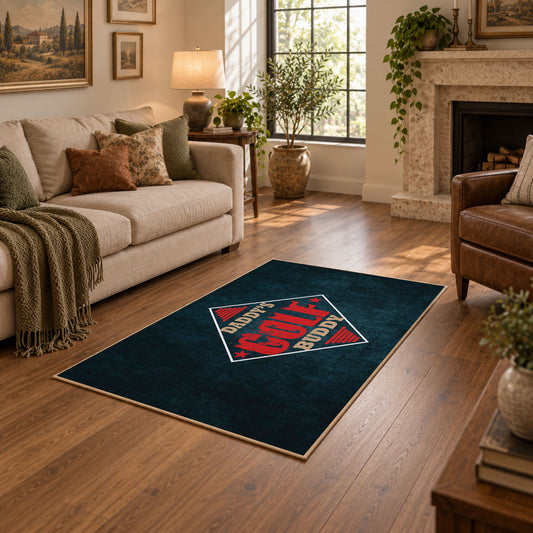 dark blue retro football fan vintage sports area rug, styled product view 1