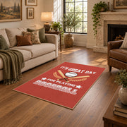 red baseball season quote vintage sports area rug, styled product view 9