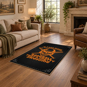 black orange vintage mechanic quote workshop area rug, styled product view 9