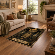 ornate celestial elephant black gold vintage area rug, styled product view 9