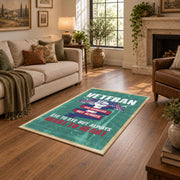 teal red veteran tribute patriotic vintage area rug, styled product view 9