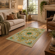 green gold geometric mandala vintage mosaic area rug, styled product view 9