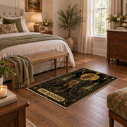 black and gold celestial ram zodiac area rug, styled product view 10