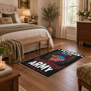 black patriotic military veteran eagle area rug, styled product view 10