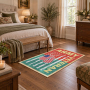 red and green vintage army veteran service area rug, styled product view 1