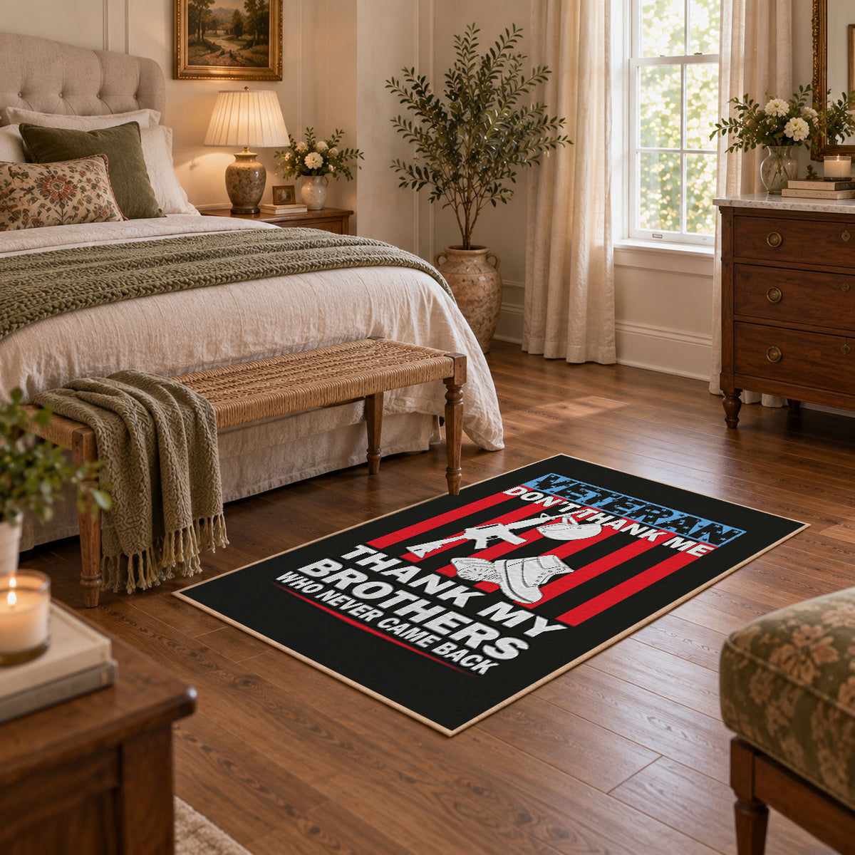 black and red patriotic service tribute area rug, styled product view 1