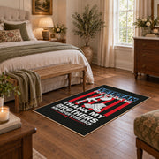 black and red patriotic service tribute area rug, styled product view 1