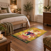 distressed yellow retro motorcycle adventure vintage area rug, styled product view 10