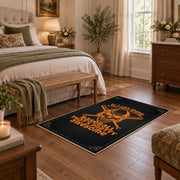 black orange vintage mechanic quote workshop area rug, styled product view 10