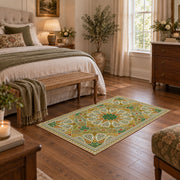 green gold geometric mandala vintage mosaic area rug, styled product view 10
