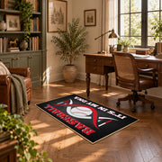 black and red motivational baseball area rug, styled product view 11