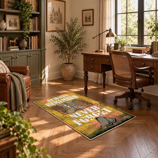 golden vintage military father tribute area rug, styled product view 1