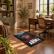 black patriotic military veteran eagle area rug, styled product view 11