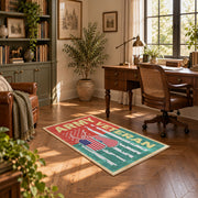 red and green vintage army veteran service area rug, styled product view 11