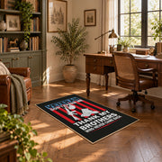 black and red patriotic service tribute area rug, styled product view 11