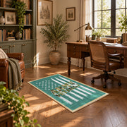 teal patriotic military tank and flag area rug, styled product view 11