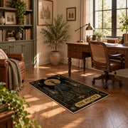 black and gold celestial bull zodiac area rug, styled product view 11