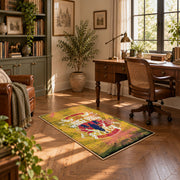 distressed yellow retro motorcycle adventure vintage area rug, styled product view 11