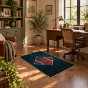 dark blue retro football fan vintage sports area rug, styled product view 11