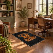 black orange vintage mechanic quote workshop area rug, styled product view 11