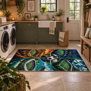 Four Seasons Soccer Ball Landscape Area Rug styled in a modern laundry room