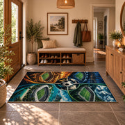 Four Seasons Soccer Ball Landscape Area Rug styled in a welcoming entryway