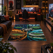 Four Seasons Soccer Ball Landscape Area Rug styled in a gaming room