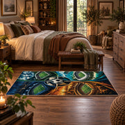 Four Seasons Soccer Ball Landscape Area Rug styled in a main bedroom
