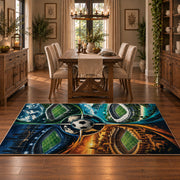 Four Seasons Soccer Ball Landscape Area Rug styled in a dining room