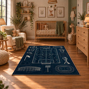 Tactical Soccer Pitch Blueprint Area Rug styled in a cozy nursery
