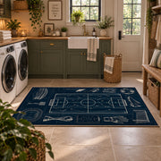 Tactical Soccer Pitch Blueprint Area Rug styled in a modern laundry room