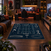 Tactical Soccer Pitch Blueprint Area Rug styled in a gaming room