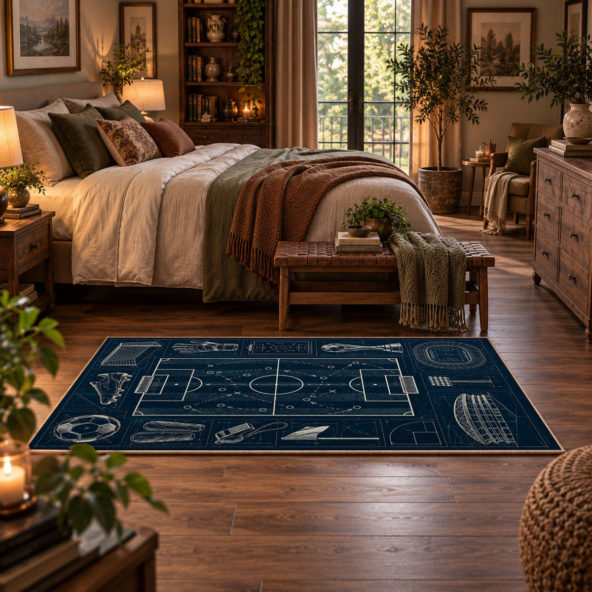 Tactical Soccer Pitch Blueprint Area Rug styled in a main bedroom