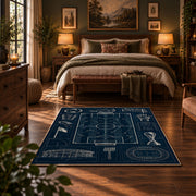 Tactical Soccer Pitch Blueprint Area Rug styled in a bedroom corner