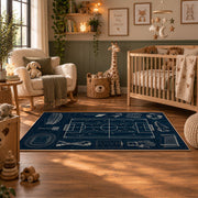 Tactical Soccer Pitch Blueprint Area Rug styled in a nursery room