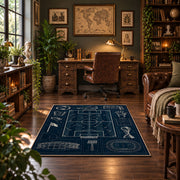 Tactical Soccer Pitch Blueprint Area Rug styled in a home office