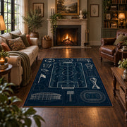 Tactical Soccer Pitch Blueprint Area Rug styled in a living room