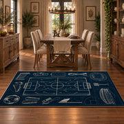 Tactical Soccer Pitch Blueprint Area Rug styled in a dining room
