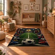 Stadium Soccer Ball Sports Area Rug styled in a cozy nursery