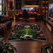 Stadium Soccer Ball Sports Area Rug styled in a gaming room