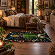 Stadium Soccer Ball Sports Area Rug styled in a main bedroom