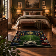 Stadium Soccer Ball Sports Area Rug styled in a bedroom corner