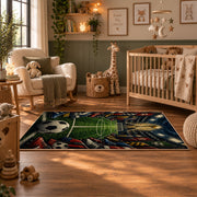 Stadium Soccer Ball Sports Area Rug styled in a nursery room