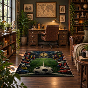 Stadium Soccer Ball Sports Area Rug styled in a home office