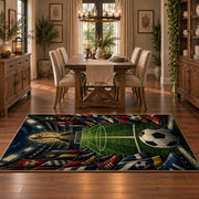 Stadium Soccer Ball Sports Area Rug styled in a dining room