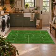 Minimal Green Soccer Field Area Rug styled in a modern laundry room