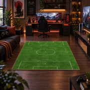 Minimal Green Soccer Field Area Rug styled in a gaming room